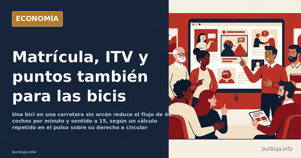 Ilustración editorial de un ciclista en el borde de una carretera sin arcén con una fila de coches detrás, en azul marino y d