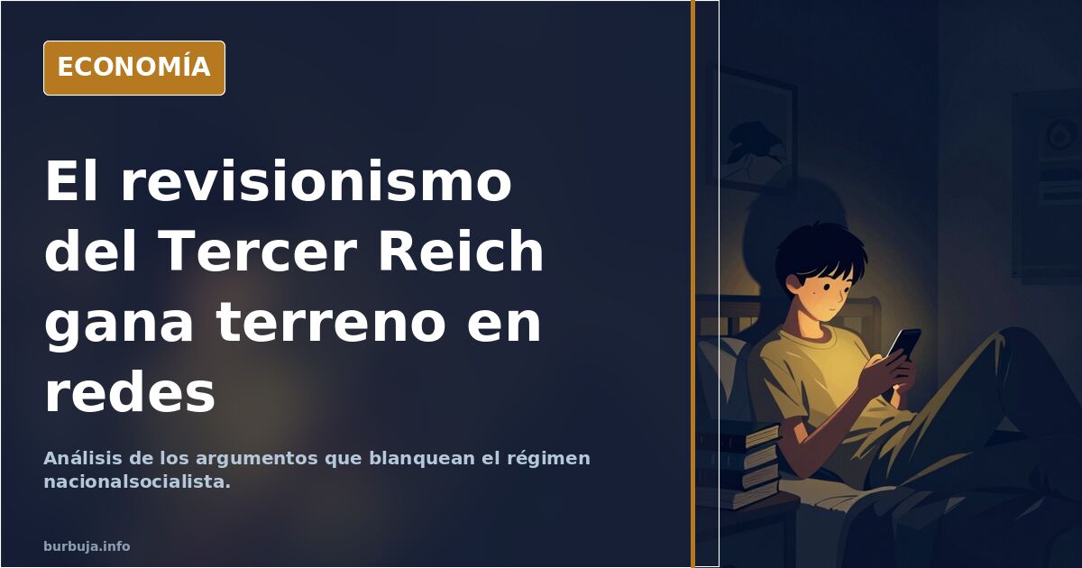 Ilustración editorial de un busto clásico con una esvástica dorada sobre fondo azul marino, símbolo del revisionismo históric