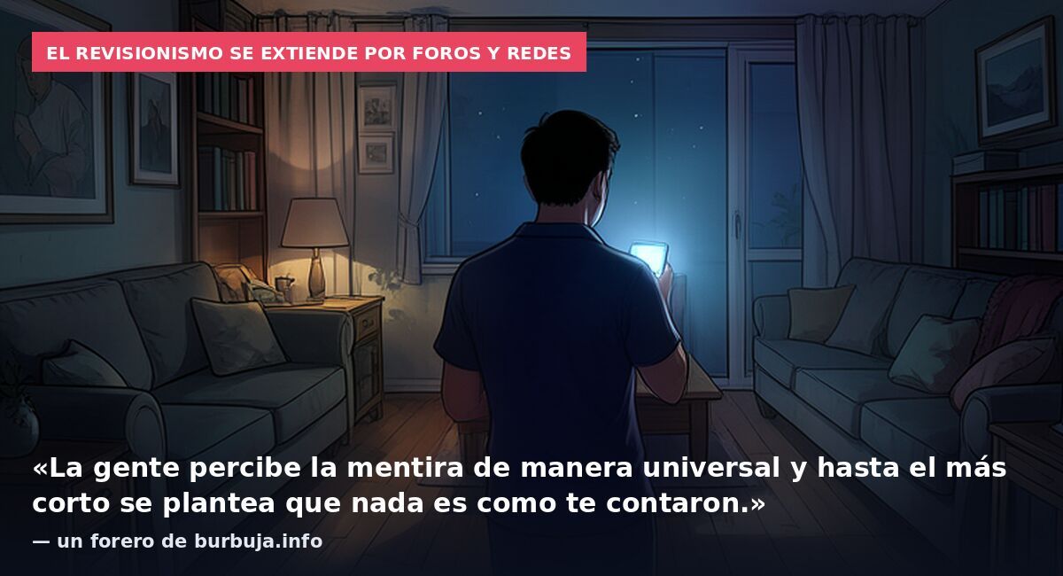 El revisionismo se extiende por foros y redes: «La gente percibe la mentira de manera universal y hasta el más corto se plantea que nada es como te contaron.» — un forero de burbuja.info