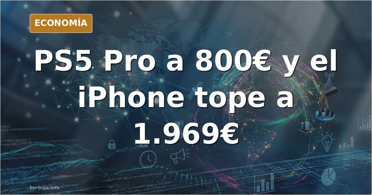 Consola con lector de discos y smartphone de gama alta con etiquetas de precio en euros, ilustrados en azul marino y dorado