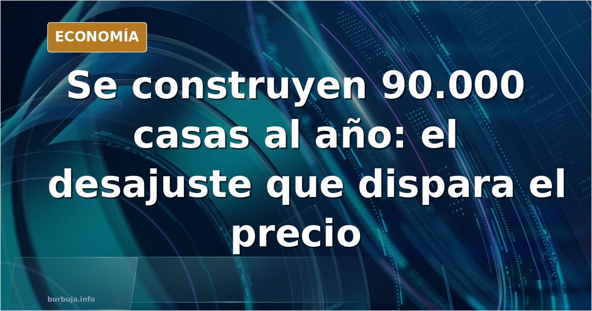 Ilustración editorial de grúas y bloques de viviendas en construcción con una curva de precios ascendente sobre fondo azul ma