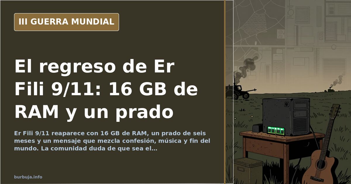 Silueta de una figura solitaria con guitarra frente a un horizonte desaturado con mapas y humo lejano