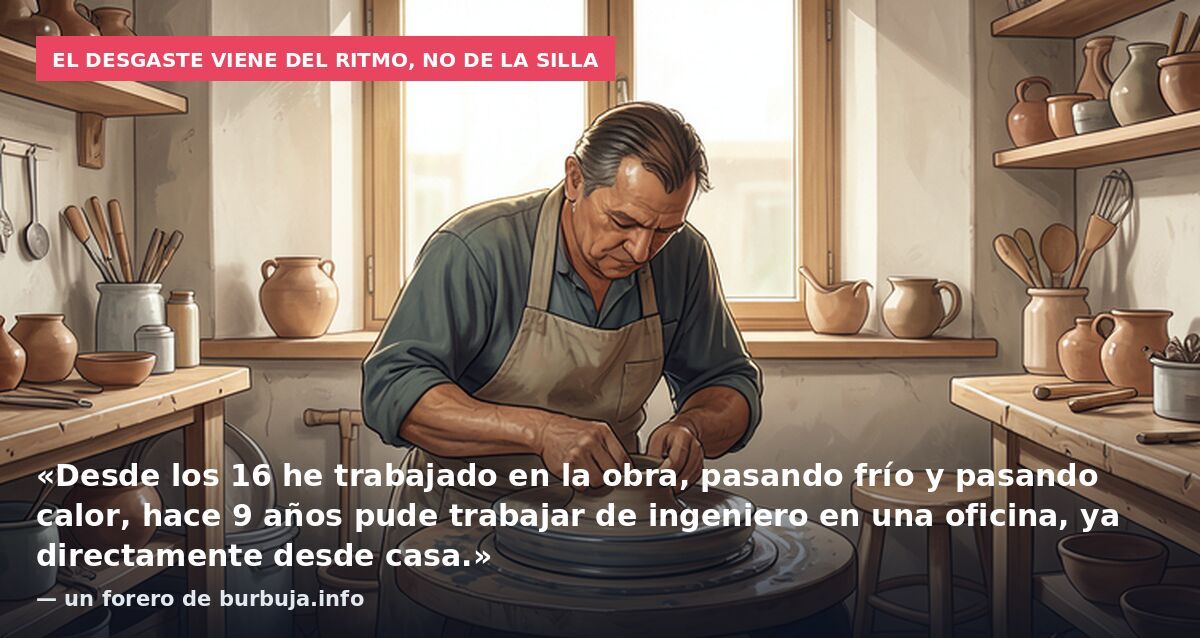 El desgaste viene del ritmo, no de la silla: «Desde los 16 he trabajado en la obra, pasando frío y pasando calor, hace 9 años pude trabajar de ingeniero en una oficina, ya directamente desde casa.» — un forero de burbuja.info