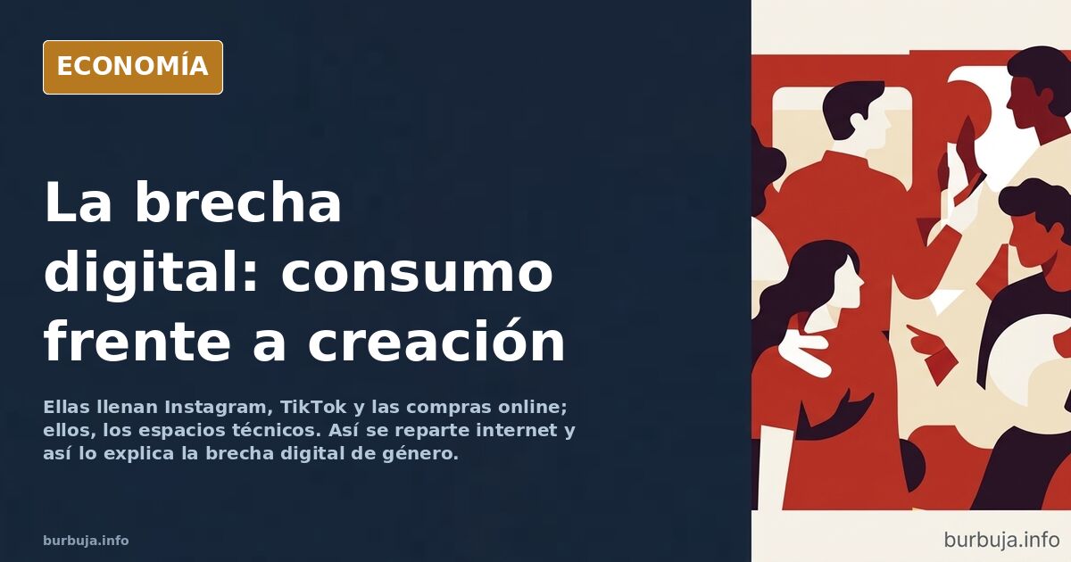 Ilustración editorial de la brecha digital de género con un móvil de compras frente a una pantalla de código en azul marino y