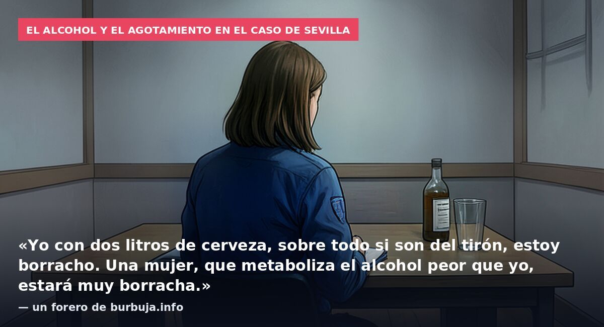 El alcohol y el agotamiento en el caso de Sevilla: «Yo con dos litros de cerveza, sobre todo si son del tirón, estoy borracho. Una mujer, que metaboliza el alcohol peor que yo, estará muy borracha.» — un forero de burbuja.info