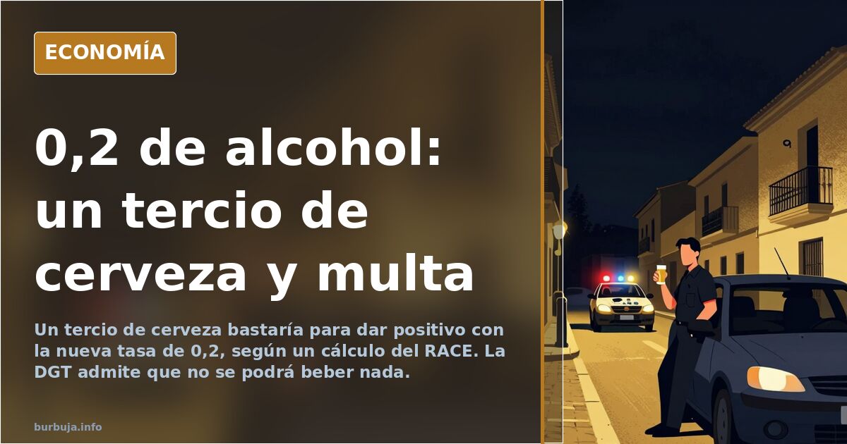Ilustración editorial de un vaso de cerveza junto a un alcoholímetro marcando 0,2 gramos por litro de sangre