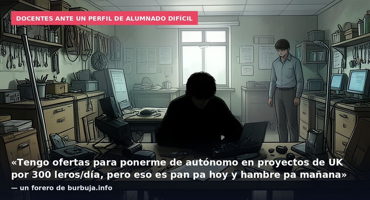 Docentes ante un perfil de alumnado difícil: «Tengo ofertas para ponerme de autónomo en proyectos de UK por 300 leros/día, pero eso es pan pa hoy y hambre pa mañana» — un forero de burbuja.info