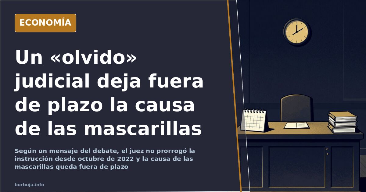 Ilustración editorial de un reloj de pared y un expediente judicial cerrado sobre una mesa vacía en tonos azul marino y dorad