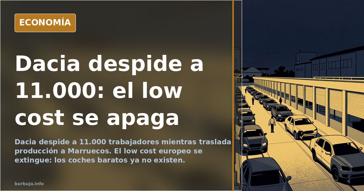 Ilustración editorial de una cadena de montaje de automóviles vacía con siluetas de trabajadores ausentes y un coche low cost