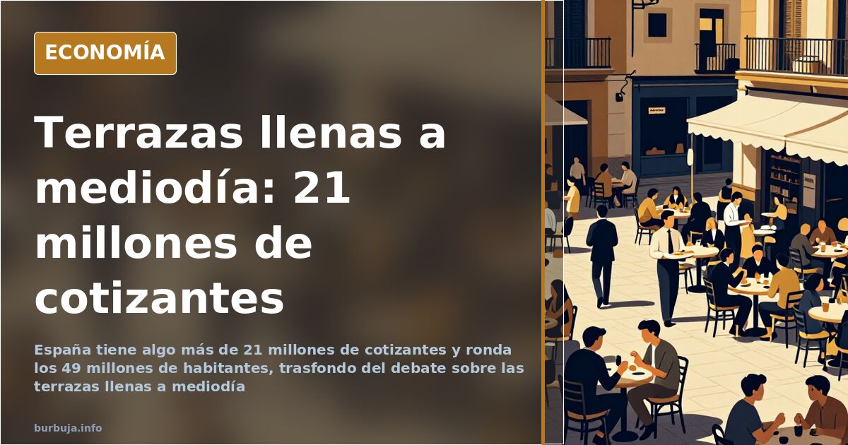 Terraza de bar llena de gente a mediodía en una calle española mientras otros viandantes pasan camino del trabajo
