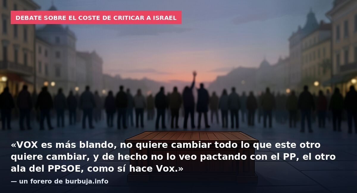 Debate sobre el coste de criticar a Israel: «VOX es más blando, no quiere cambiar todo lo que este otro quiere cambiar, y de hecho no lo veo pactando con el PP, el otro ala del PPSOE, como sí hace Vox.» — un forero de burbuja.info