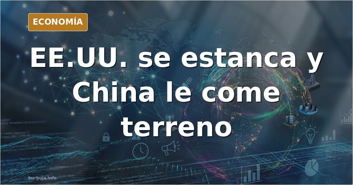 Ilustración editorial de un rascacielos estadounidense agrietado frente a una moderna ciudad china, simbolizando el declive d