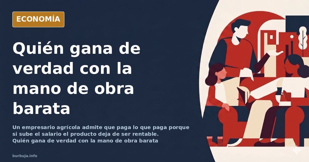 Ilustración editorial en azul marino y dorado con siluetas de trabajadores agrícolas y un empresario observando la cadena de 