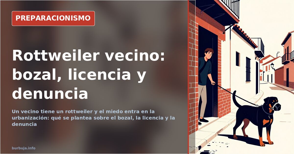 Rottweiler de gran tamaño junto a la valla de una urbanización con zonas verdes compartidas