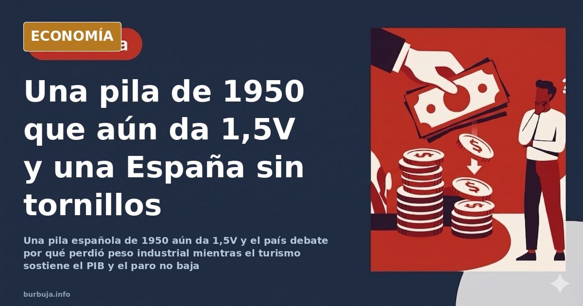 Pila española antigua de 1950 sobre fondo oscuro junto a un multímetro digital que marca 1,5 voltios
