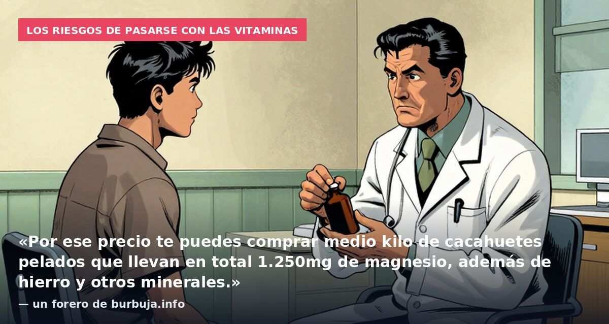Los riesgos de pasarse con las vitaminas: «Por ese precio te puedes comprar medio kilo de cacahuetes pelados que llevan en total 1.250mg de magnesio, además de hierro y otros minerales.» — un forero de burbuja.info