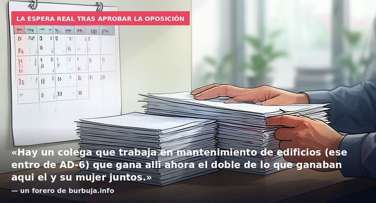 La espera real tras aprobar la oposición: «Hay un colega que trabaja en mantenimiento de edificios (ese entro de AD-6) que gana alli ahora el doble de lo que ganaban aqui el y su mujer juntos.» — un forero de burbuja.info