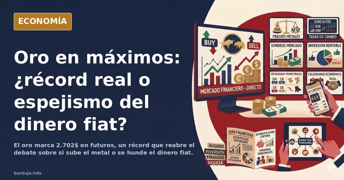 Ilustración editorial de una onza de oro sobre fondo azul marino con gráficos de cotización en alza