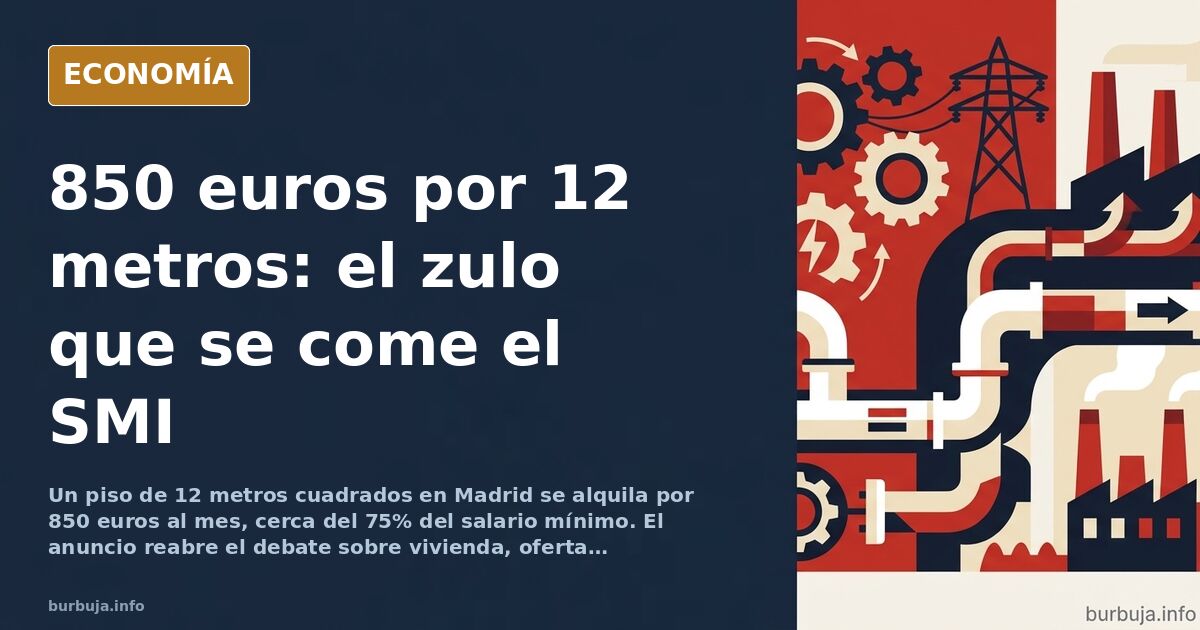 Ilustración editorial de un apartamento minúsculo de 12 metros cuadrados con cocina y baño integrados, precio de alquiler de 