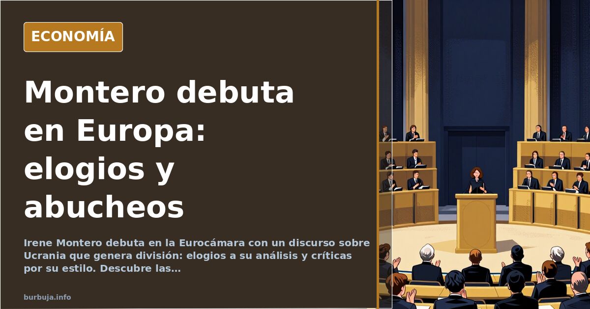 Ilustración editorial de Irene Montero en el Parlamento Europeo con gesto firme durante su discurso de debut