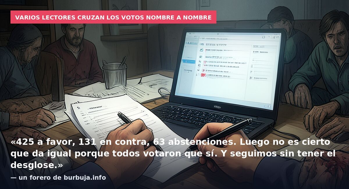 Varios lectores cruzan los votos nombre a nombre: «425 a favor, 131 en contra, 63 abstenciones. Luego no es cierto que da igual porque todos votaron que sí. Y seguimos sin tener el desglose.» — un forero de burbuja.info