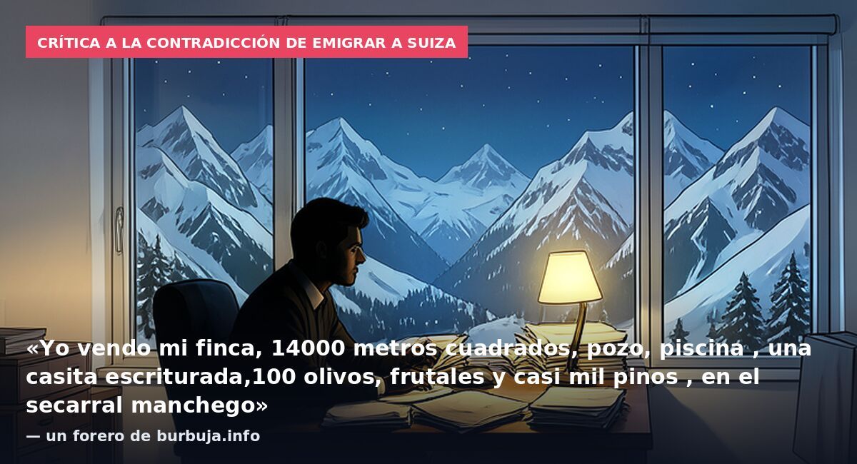 Crítica a la contradicción de emigrar a Suiza: «Yo vendo mi finca, 14000 metros cuadrados, pozo, piscina , una casita escriturada,100 olivos, frutales y casi mil pinos , en el secarral manchego» — un forero de burbuja.info