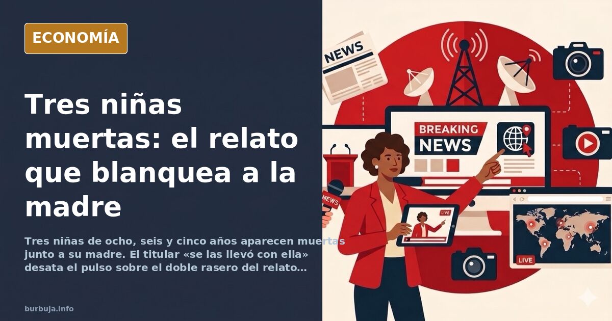 Ilustración editorial sobria en azul marino y dorado sobre el doble rasero informativo en el caso de las tres niñas fallecida