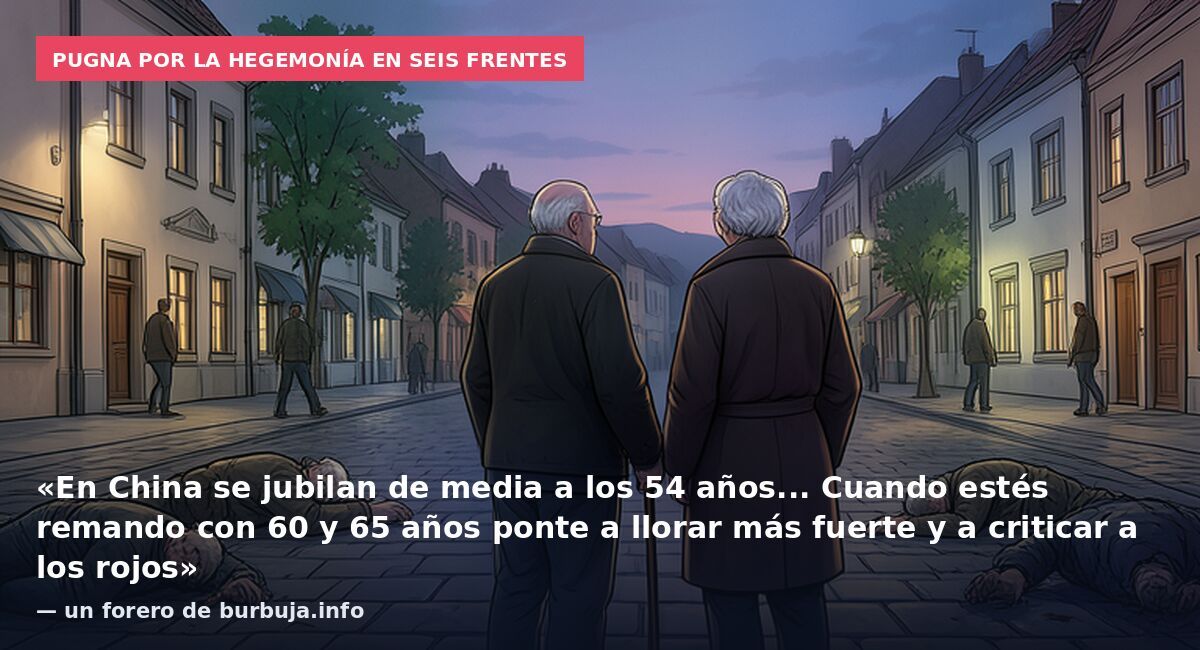 Pugna por la hegemonía en seis frentes: «En China se jubilan de media a los 54 años... Cuando estés remando con 60 y 65 años ponte a llorar más fuerte y a criticar a los rojos» — un forero de burbuja.info