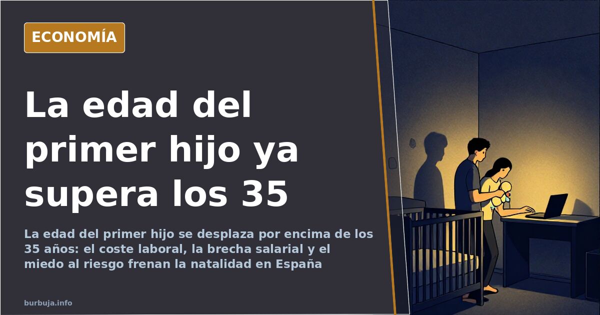 Gráfica descendente de nacimientos junto a una curva de edad materna al alza sobre fondo azul marino con detalles dorados
