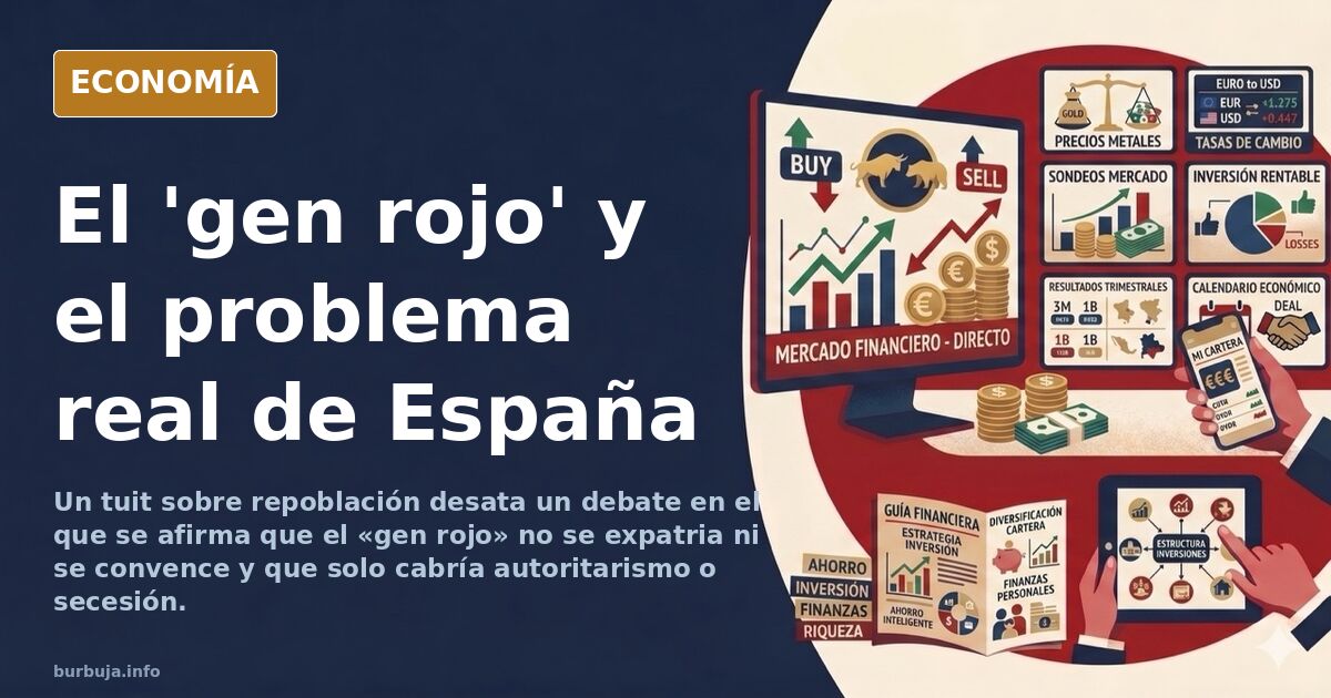 Ilustración editorial de un pueblo vacío con siluetas de personas llegando y un cartel de se vende en tonos azul marino y dor