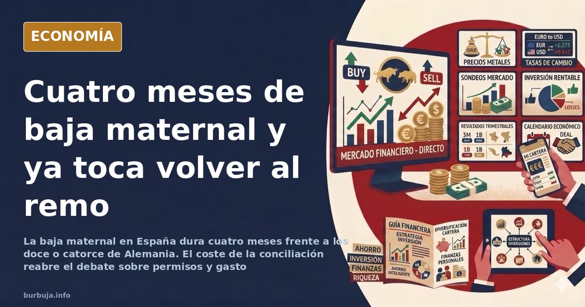Ilustración editorial de una madre con su bebé en brazos antes de volver al trabajo tras la baja maternal