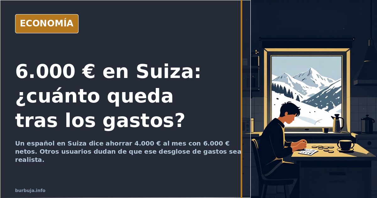Ilustración editorial de un hombre joven consultando sus finanzas en un móvil frente a un paisaje suizo estilizado en azul ma