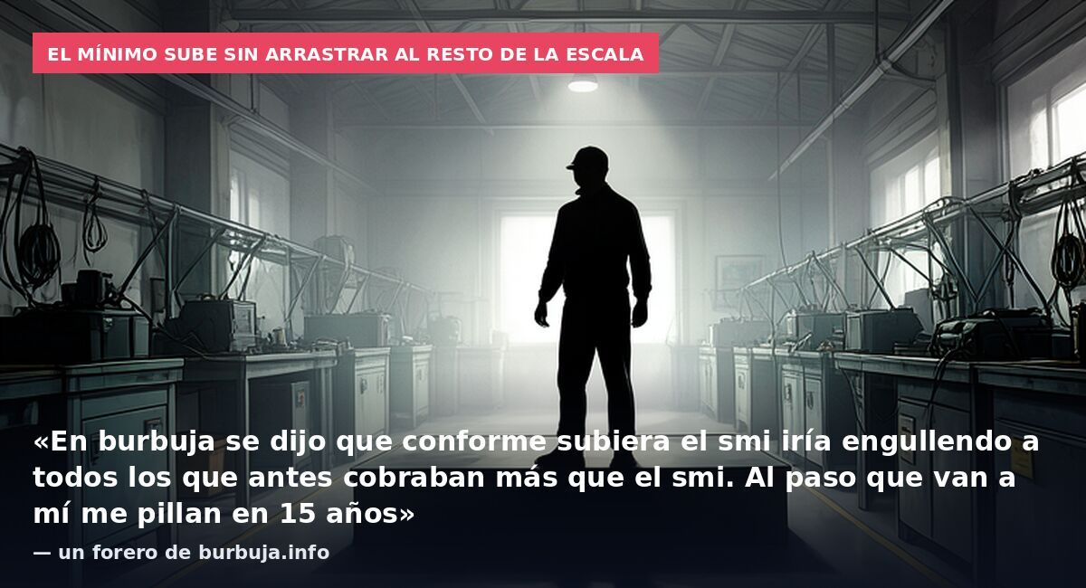 El mínimo sube sin arrastrar al resto de la escala: «En burbuja se dijo que conforme subiera el smi iría engullendo a todos los que antes cobraban más que el smi. Al paso que van a mí me pillan en 15 años» — un forero de burbuja.info