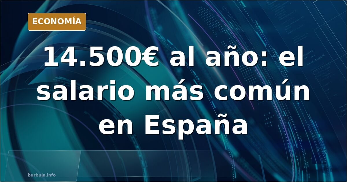 Ilustración editorial de una nómina española con la cifra 14.500 euros brutos anuales sobre fondo azul marino y dorado