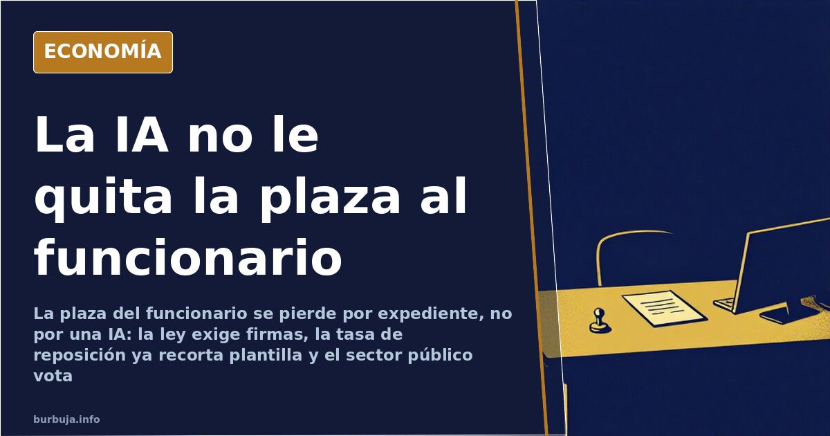 Sello de goma y expediente en papel sobre una mesa de oficina pública junto a una pantalla de datos, ilustración editorial en