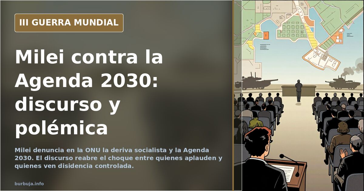 Silueta de un líder pronunciando un discurso ante una asamblea internacional con mapas y equipamiento militar al fondo