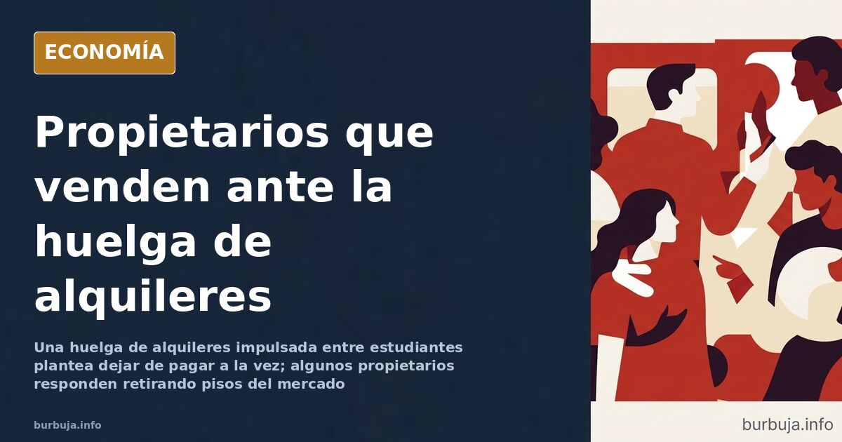 Edificio de ladrillo con balcones y cartel de se alquila junto a libros universitarios, ilustrando la huelga de alquileres