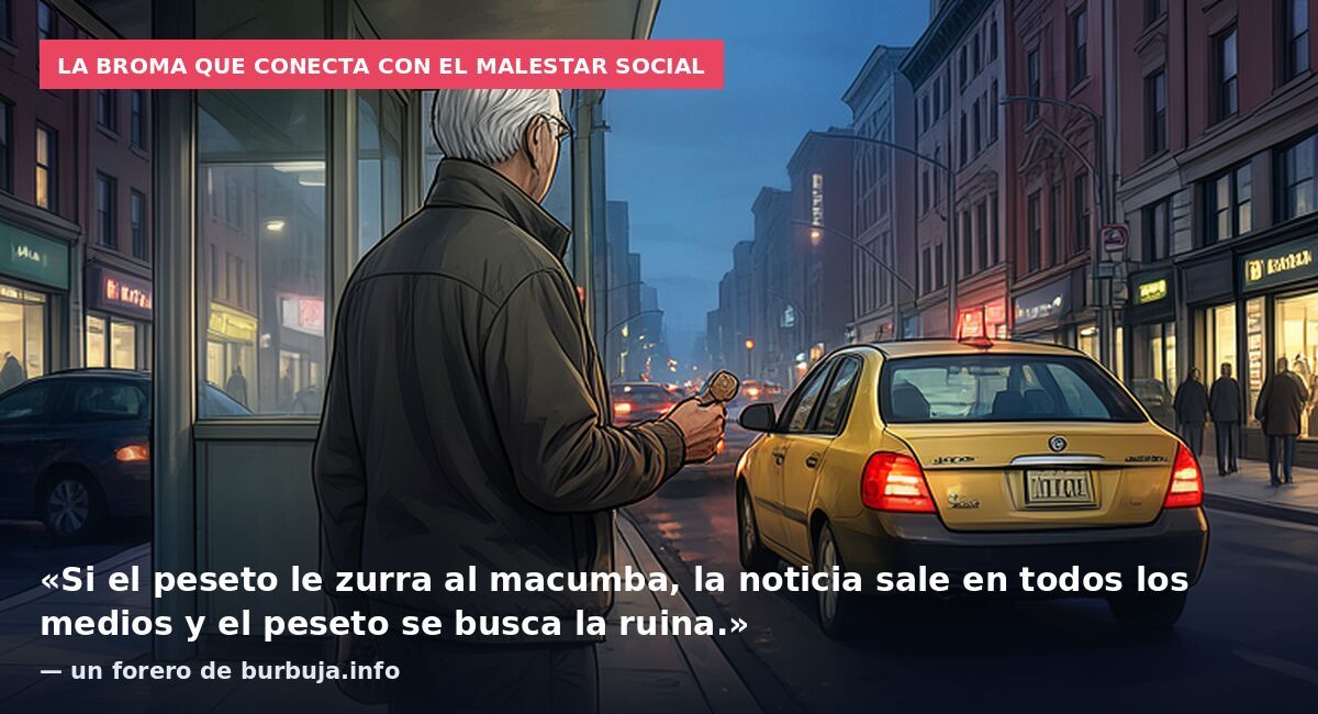 La broma que conecta con el malestar social: «Si el peseto le zurra al macumba, la noticia sale en todos los medios y el peseto se busca la ruina.» — un forero de burbuja.info