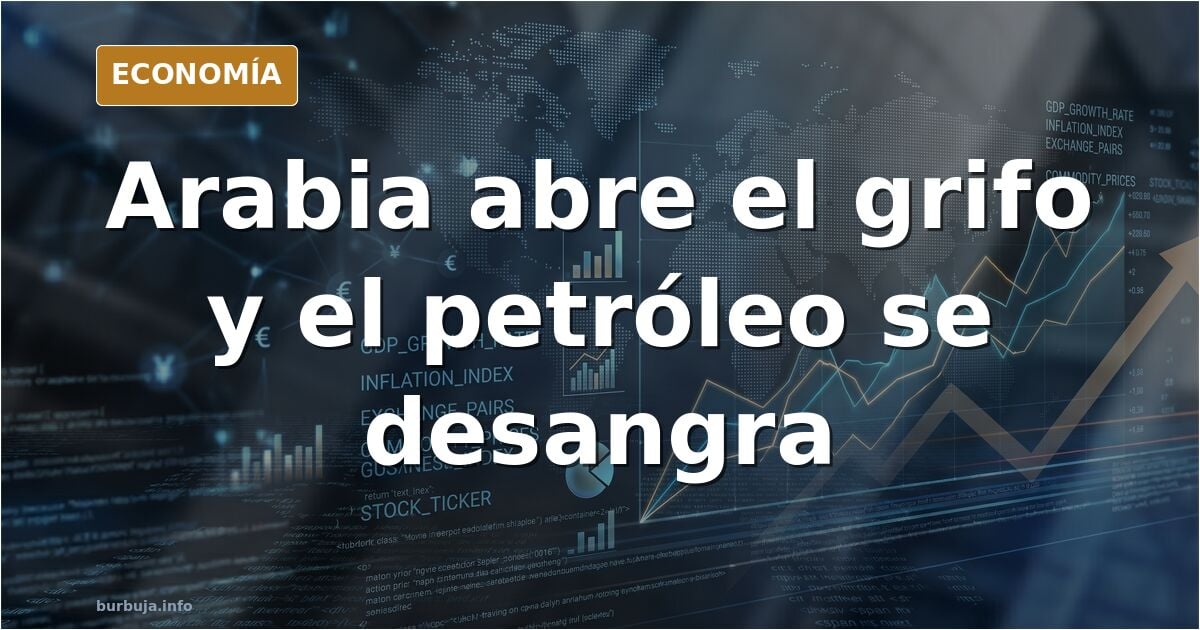 Ilustración editorial de una compuerta petrolífera abierta con el crudo fluyendo y la cotización del Brent en descenso