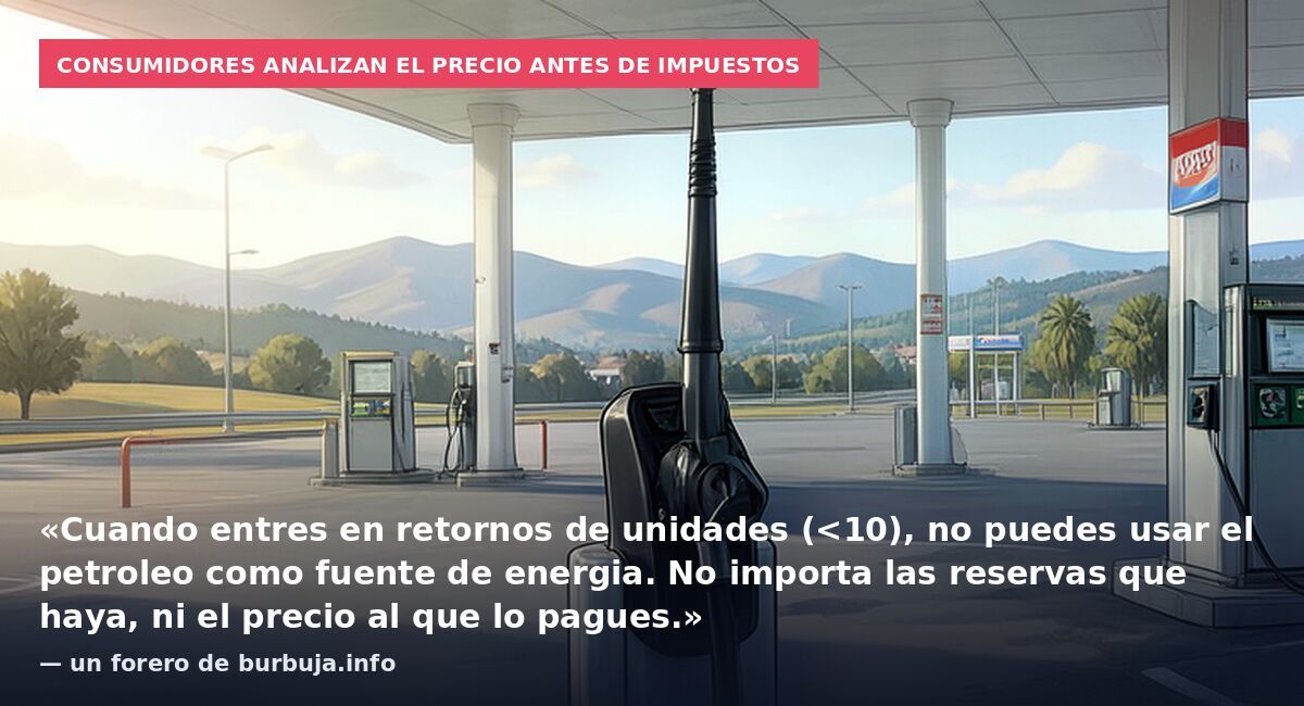 Consumidores analizan el precio antes de impuestos: «Cuando entres en retornos de unidades (<10), no puedes usar el petroleo como fuente de energia. No importa las reservas que haya, ni el precio al que lo pagues.» — un forero de burbuja.info