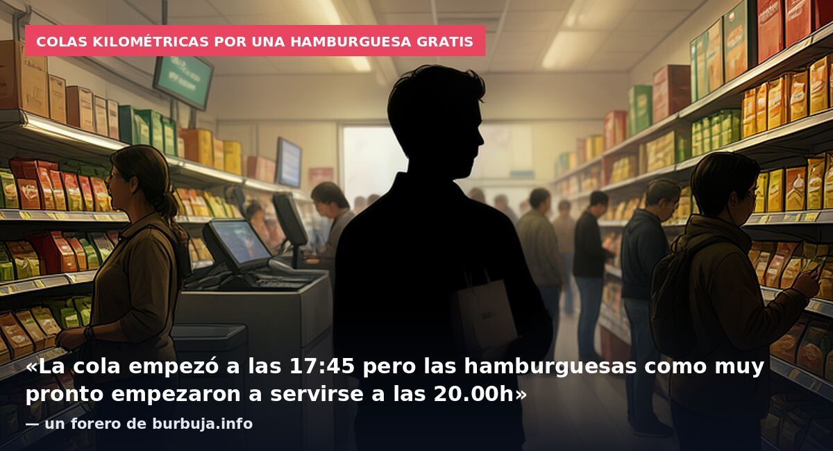 Colas kilométricas por una hamburguesa gratis: «La cola empezó a las 17:45 pero las hamburguesas como muy pronto empezaron a servirse a las 20.00h» — un forero de burbuja.info