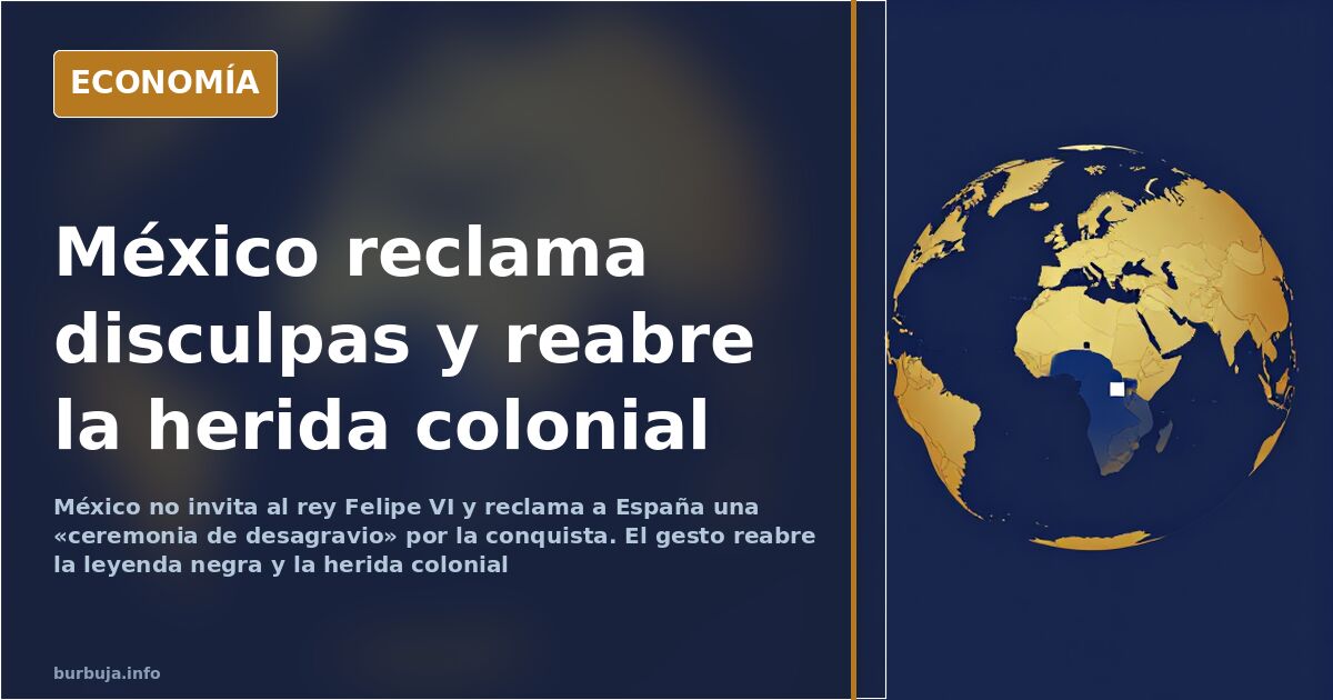 Ilustración editorial con un mapa atlántico y líneas de ruta marítima entre España y México sobre fondo azul marino y dorado