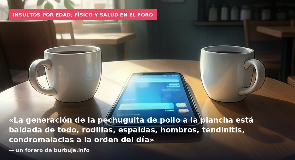 Insultos por edad, físico y salud en el foro: «La generación de la pechuguita de pollo a la plancha está baldada de todo, rodillas, espaldas, hombros, tendinitis, condromalacias a la orden del día» — un forero de burbuja.info