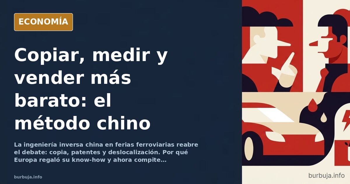 Técnicos con cinta métrica y cámara fotografiando un prototipo de tren en una feria industrial