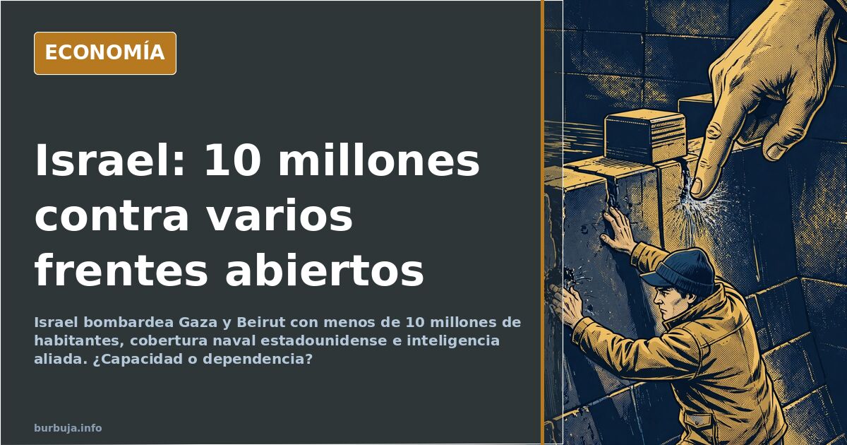 Ilustración editorial en azul marino y dorado con un portaaviones frente a las costas del Líbano sobre un mapa de Oriente Med