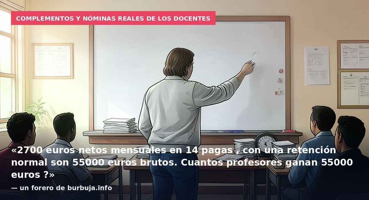 Complementos y nóminas reales de los docentes: «2700 euros netos mensuales en 14 pagas , con una retención normal son 55000 euros brutos. Cuantos profesores ganan 55000 euros ?» — un forero de burbuja.info