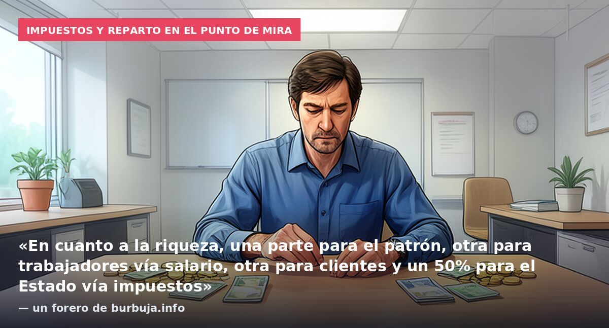 Impuestos y reparto en el punto de mira: «En cuanto a la riqueza, una parte para el patrón, otra para trabajadores vía salario, otra para clientes y un 50% para el Estado vía impuestos» — un forero de burbuja.info