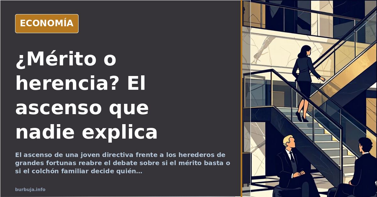 Ilustración editorial de una balanza inclinada que compara el ascenso por mérito con la herencia familiar en el mundo empresa