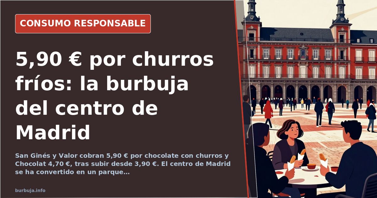 Ración de chocolate con churros servida en un local del centro de Madrid, con la cola de clientes al fondo