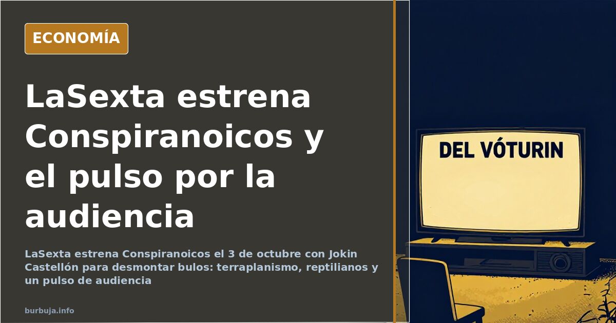 Plató de televisión nocturno con pantalla que muestra el rótulo Conspiranoicos y una silla de invitado vacía